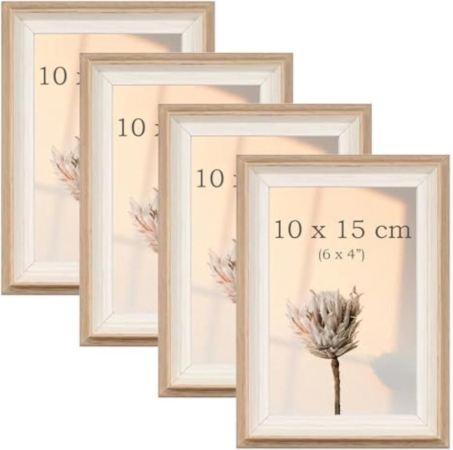 4 Stuks 10x15 Fotolijsten Bureau Staande Fotolijst Landschap en Portret Fotolijstjes voor Wand Picture Photo Frame for Wall (Houtnerf 10 x 15 cm)