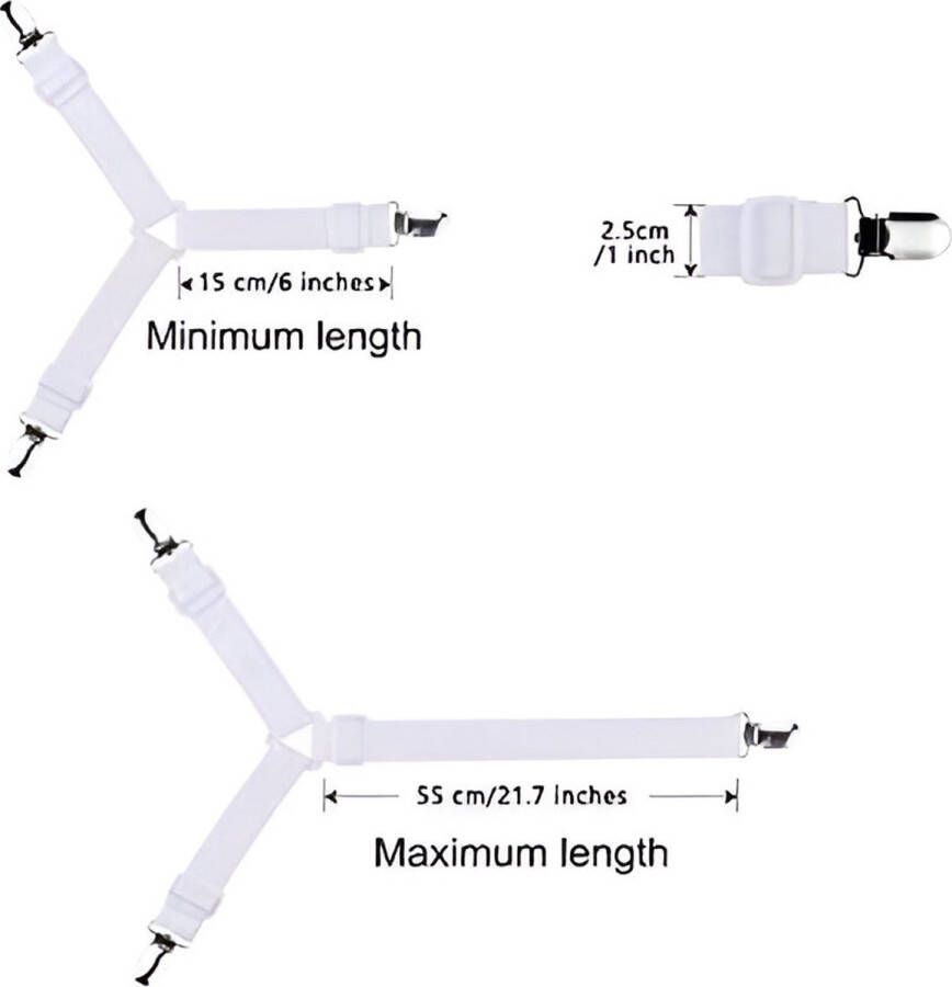 4 stuks (15cm tot 55cm) verstelbare elastische lakenspanner met metalen klemmen voor de hoeken van bed matras Wit driehoekspanner
