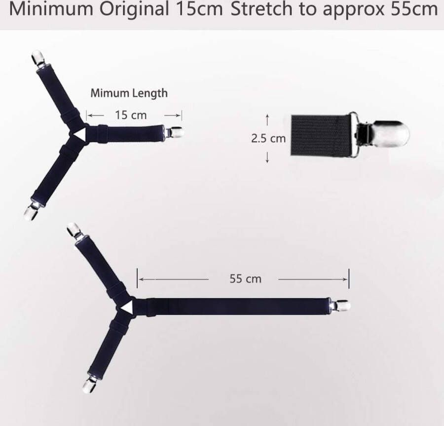 4 stuks (15cm tot 55cm) verstelbare elastische lakenspanner met metalen klemmen voor de hoeken van bed matras Zwart driehoekspanner
