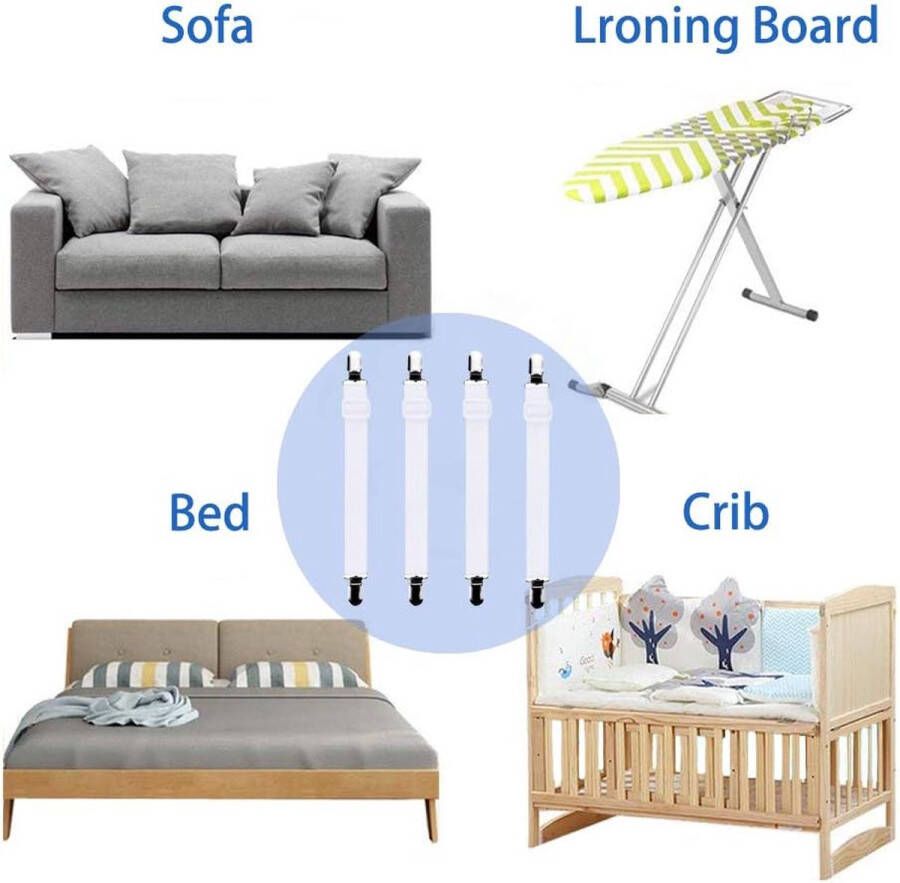 4 stuks (30cm tot 120cm) verstelbare elastische lakenspanner met metalen klemmen voor de hoeken van bed matras wit