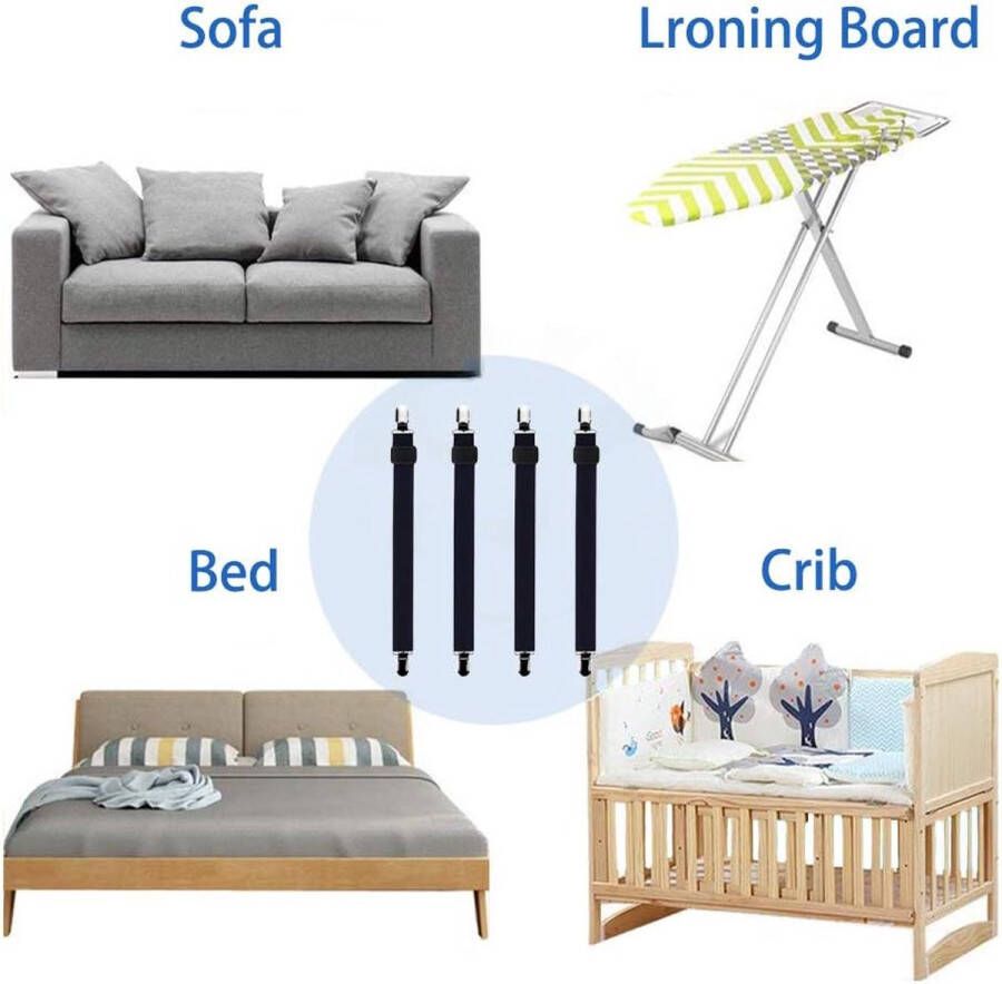 4 stuks (30cm tot 120cm) verstelbare elastische lakenspanner met metalen klemmen voor de hoeken van bed matras zwart