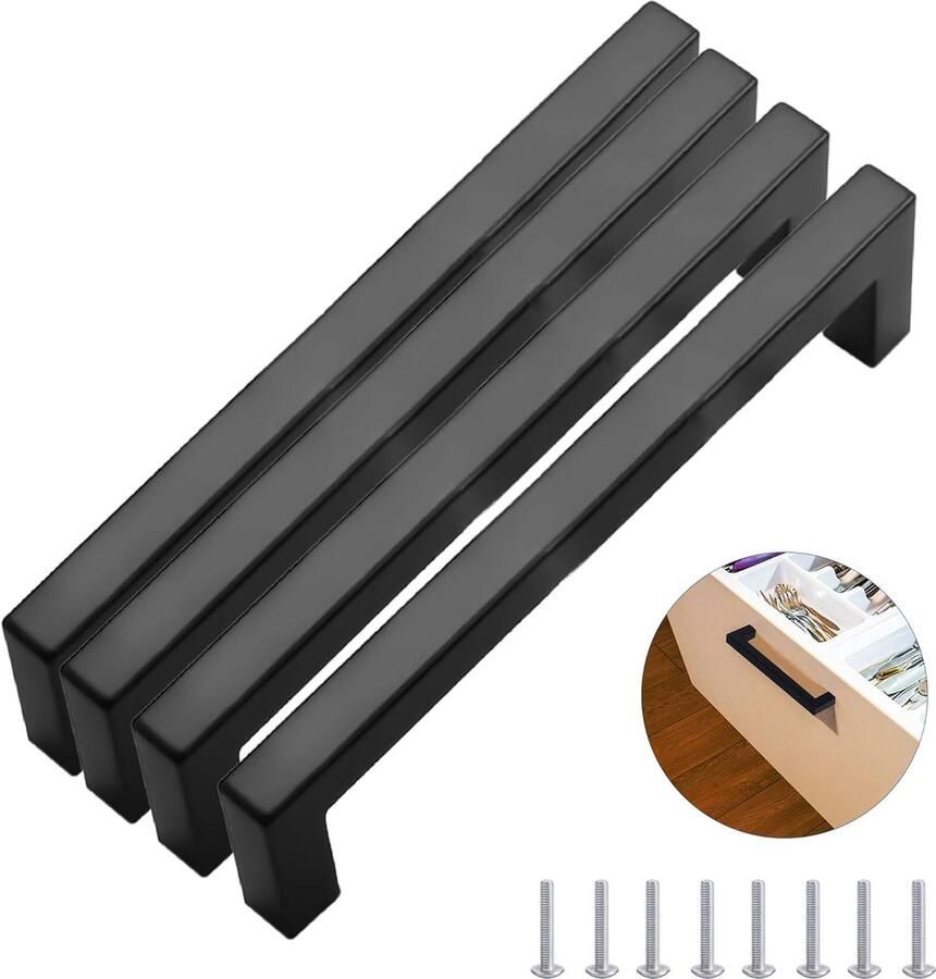 4 Stuks 320 mm Meubelgrepen Zwart Modieus Roestvrij Staal Vierkante Handgrepen Kastgrepen met 16 Schroeven Herbruikbaar voor Keuken Laden Kast Meubels