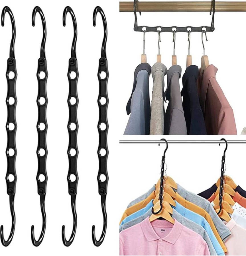 4 stuks 5-in-1 kleerhangers ruimtebesparend draaibare magische kleerhangers kunststof multifunctionele zwarte magische kleerhangers voor kledingkast