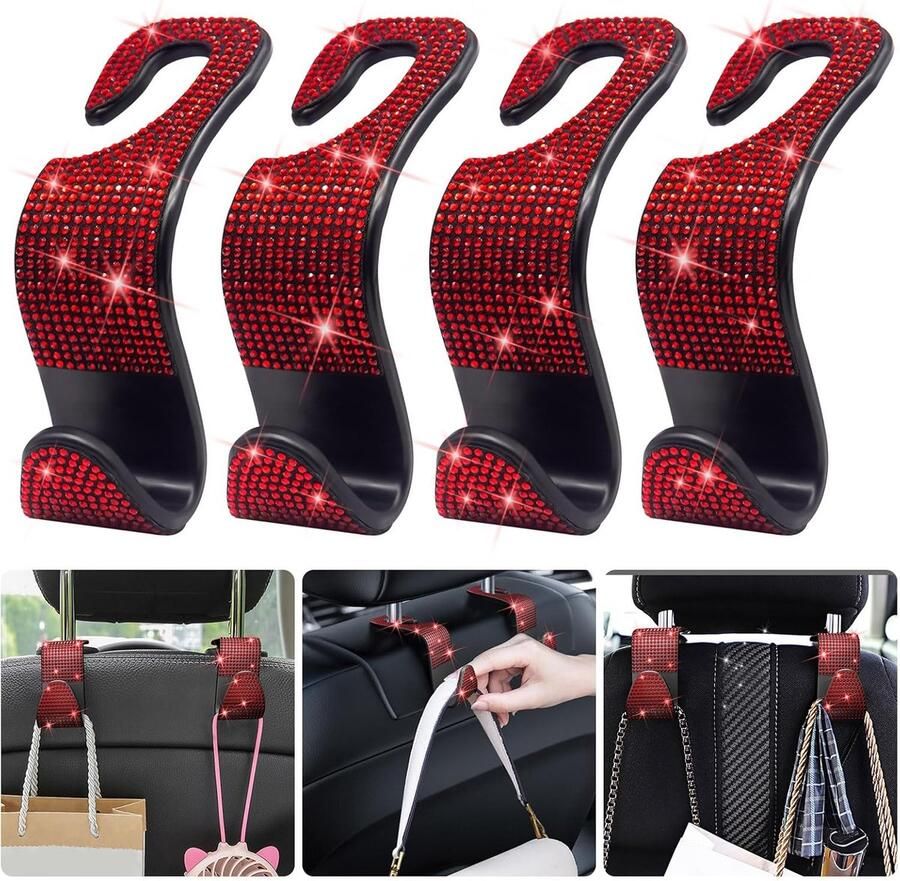 4 Stuks Auto Kapstok Tassenhouder Autohaak Rugleuning Organizer Auto Organizer Haken Autostoel Hangers Kunststof autohaak rood