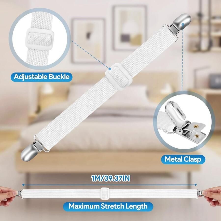 4 stuks bedlakenspanners verstelbaar 30-100 cm bedlakklemmen beddoekspanners met hoogwaardige metalen clip elastische sluitingen voor beddengoed bed matras of bank (wit)