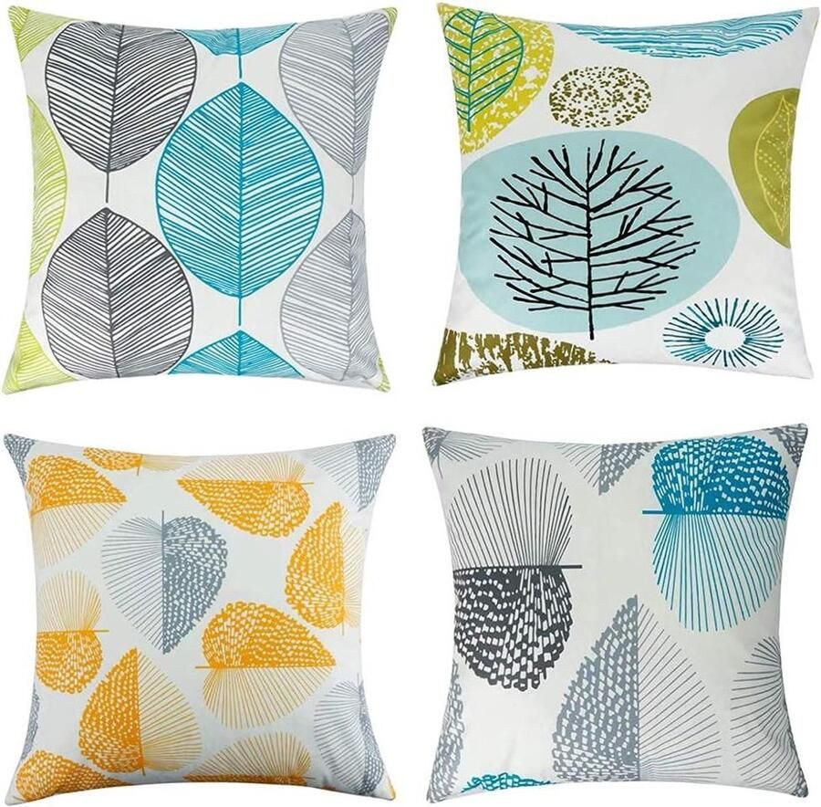 4 stuks Decoratieve Kussenslopen 45 x 45 cm Linnen Bladpatroon voor Woonkamer Bank Bed Auto Cafe (4 Stijlen)