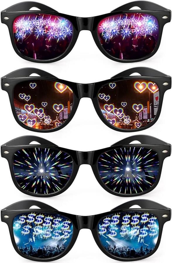 4 stuks diffractieglazen 3D-prisma regenboog hart ster dollar-effect met zwarte monturen refractiebril lichtdiffractieglazen rave-bril voor dames en heren voor Edm concert feest club