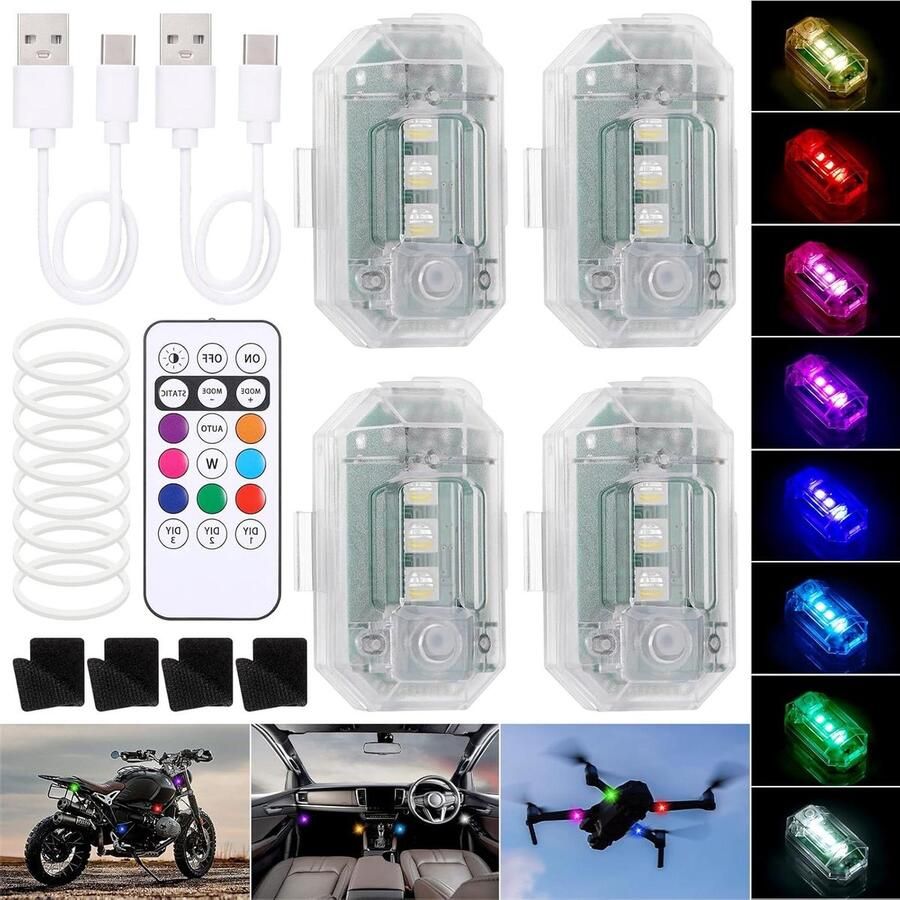 4 stuks draadloze LED-flitslichten met afstandsbediening 8 kleuren USB-oplaadbaar anti-botsingslichten voor outdooractiviteiten camping auto drone vrachtwagen