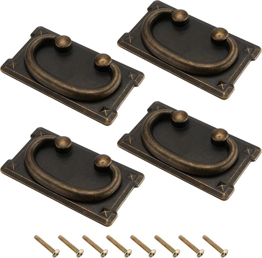 4 stuks Drop Ring Pull Handgreep Zinklegering Antieke Messing Lade Trekken Vintage Lade Handgrepen met Schroeven Rechthoekige Lade Handgrepen voor Kast Garderobe 96 x 53 mm