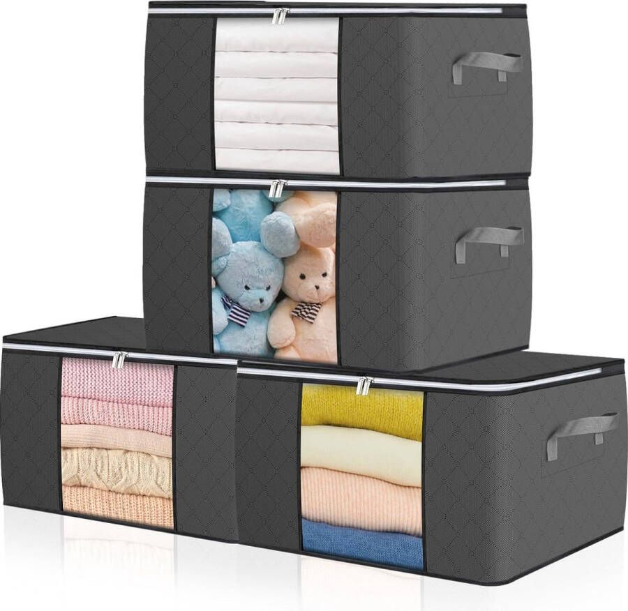 4 stuks grote opbergdozen van 90 liter met deksel versterkt handvat opvouwbare verhuisdozen met doorzichtig venster opbergruimte voor kleding dekbedden deken kofferorganizer zwart