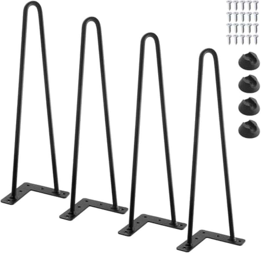 4 stuks haarspeld tafelpoten metalen haarspeldpoten zwart met vloerbeschermers en schroeven doe-het-zelf tafelpoten meubelpoten voor salontafels nachtstandaard kruk (40 cm)