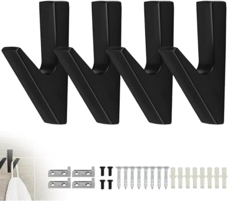 4 stuks haken garderobe; kledinghaken zwart van aluminium; 3-laags matte lak; hangers voor jassen; kapstokken; zwart; voor jassen; mantels; tassen