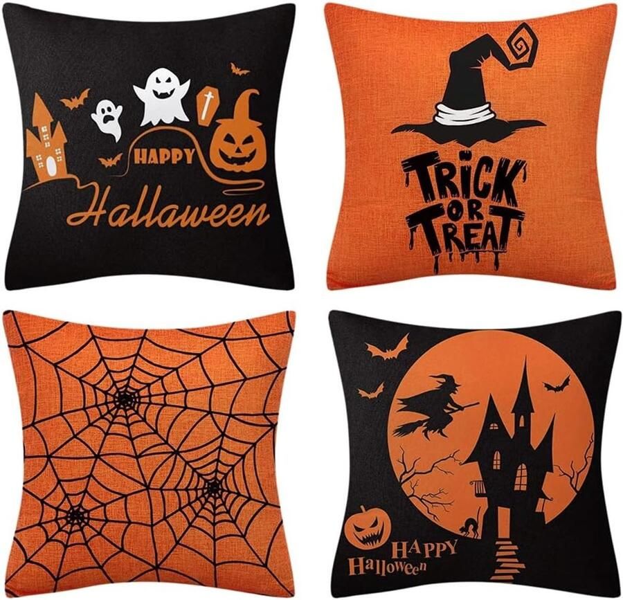 4 stuks Halloween kussenslopen 45*45cm Halloween kussensloop met spinnenpompoenprint kussensloop voor slaapbank huis boerderij Halloweenfeest