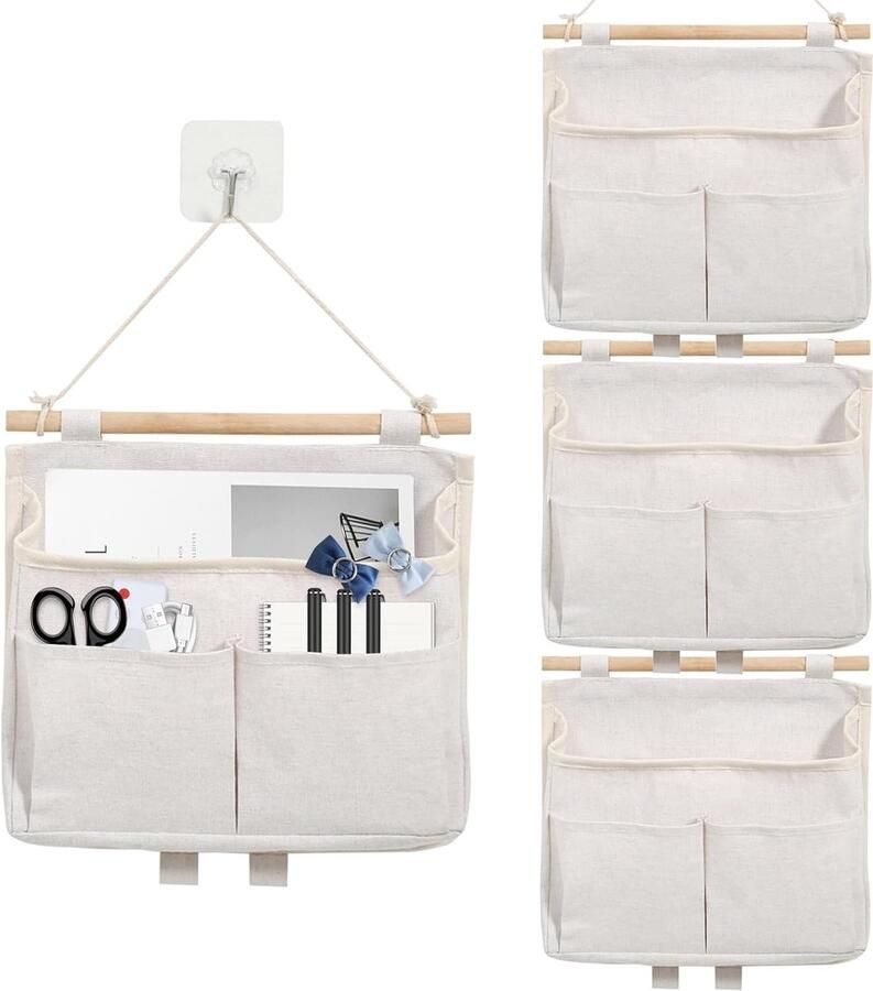 4 stuks hangende opbergtassen wandhangopslag hangorganizer deur 4 vakken met zelfklevende haken voor familie kantoren RV suspensieopslag (beige)