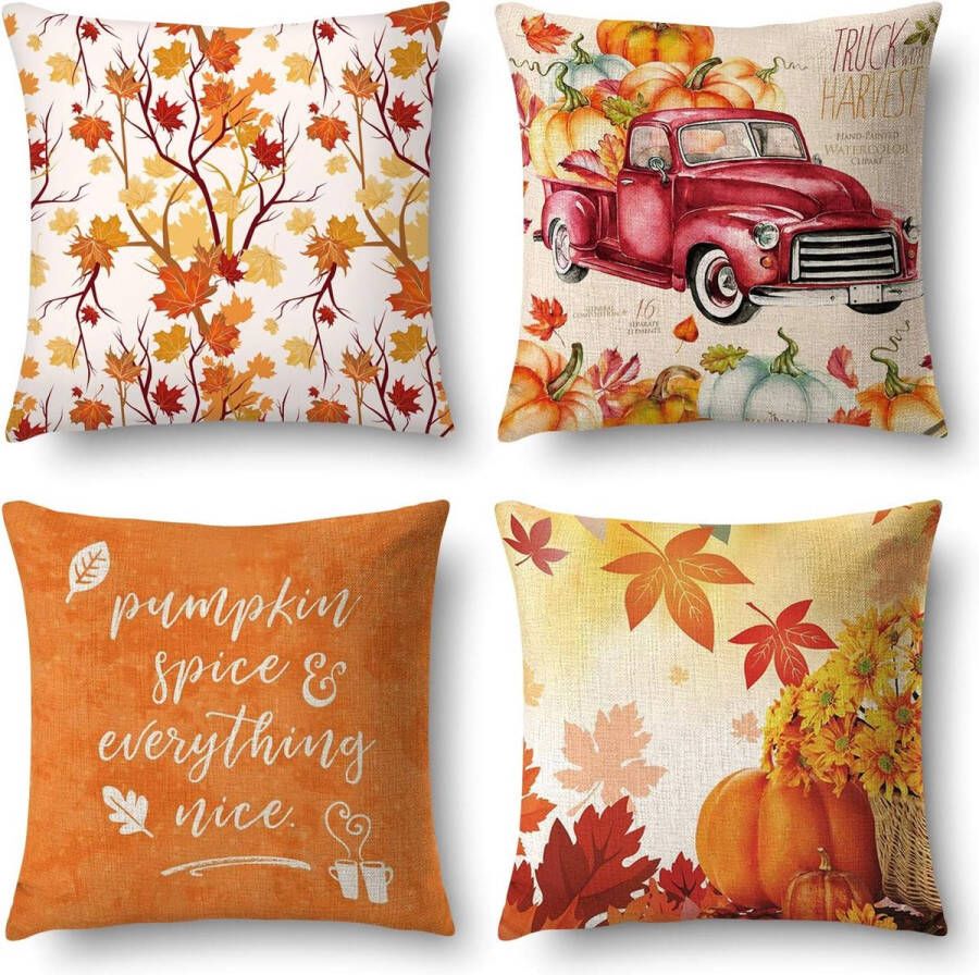 4 stuks herfst katoen en linnen decoratief kussensloop voor bank auto huis decoratie kussensloop 45 x 45 cm (esdoornblad pompoen)