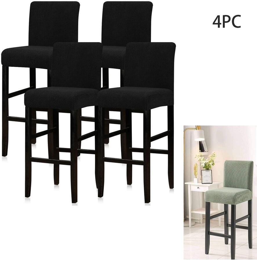 4-Stuks Hoezen voor hoge krukken Stretch eetkamerstoelhoezen Decoratieve hoezen Geruite barkrukkenhoezen Rugleuninghoezen Afneembare en wasbare hoezen Geschikt voor thuis keuken hotel restaurant bruiloft feest Zwart