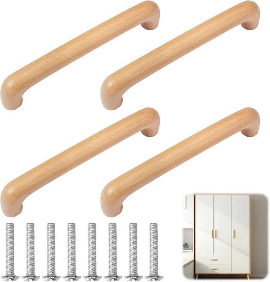 4 Stuks Houten Kastgrepen 143 mm Houten Handgrepen Kastgreep met 8 Schroeven Gewaxt Oppervlak Meubelgreep Gebogen Massief Keukengrepen Stootgreep van Hout Booggreep voor Deuren en Kasten Laden en Meubels