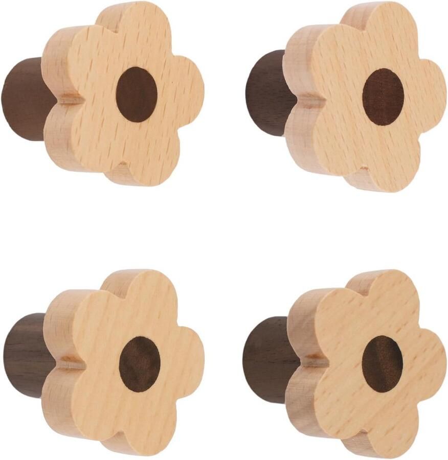4 stuks houten kastgrepen bloemvormige houten knoppen enkelgats beukenhouten handgrepen kastgrepen voor ladekasten met schroeven