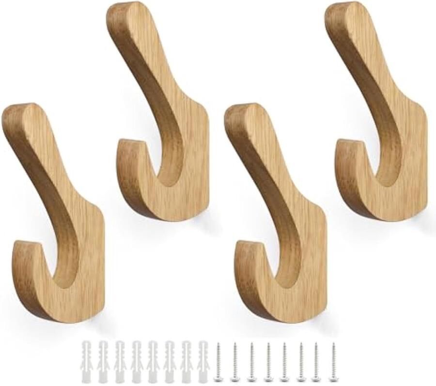 4 stuks houten kledinghaken massief hout wandhaken garderobe dubbele haken houten garderobehaken creatieve kegel met schroeven en expansiebuis voor woonkamer slaapkamer keuken