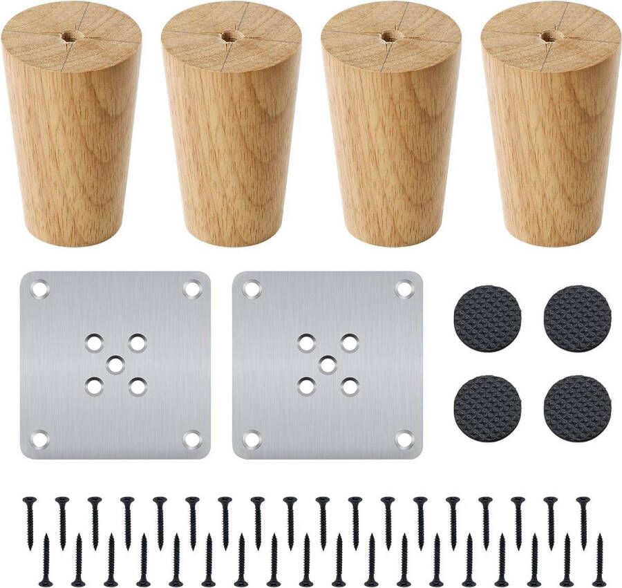 4 stuks houten meubelpoten 8 cm massief hout conewood bankpoten vervangende meubelpoten met montageplaat schroeven en antislipmatten voor bank tafel stoel theekast