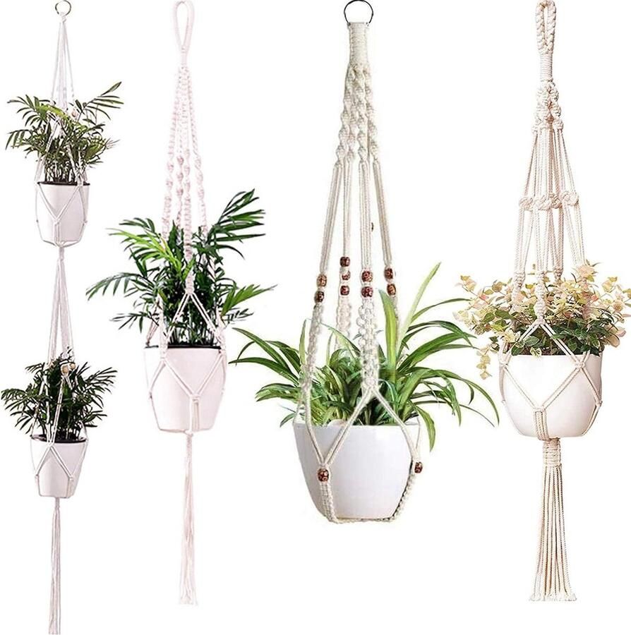4 stuks katoenen touw macramé bloemenhangers hanglampen bloempot plantenhouder binnen en buiten plafond balkon wanddecoratie