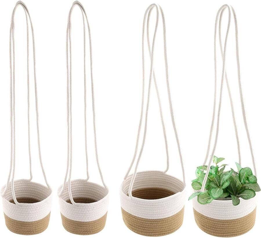 4 stuks katoenen touw plantenmand 2 maten hangende bloempotten opbergmand boho katoenen hanglamp bloemenhanger hangpot voor planten binnen 70 cm lang