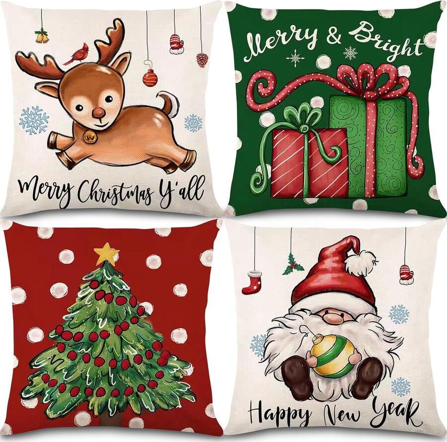 4 stuks kerst kussenslopen -roodgroene kussenslopen -kerst kussensloop -kerstman -rendier -sierkussens -kerstkussensloop -linnen kussensloop voor slaapbank -woondecoraties (45 x 45 cm)