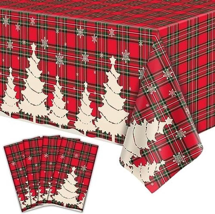4 stuks kersttafelkleed geruit tafelkleed buffalo geruit tafelkleed Kerstmis feesttafelkleden kerstfeest decoratie met kerstboom en sneeuwvlok 130 x 200 cm