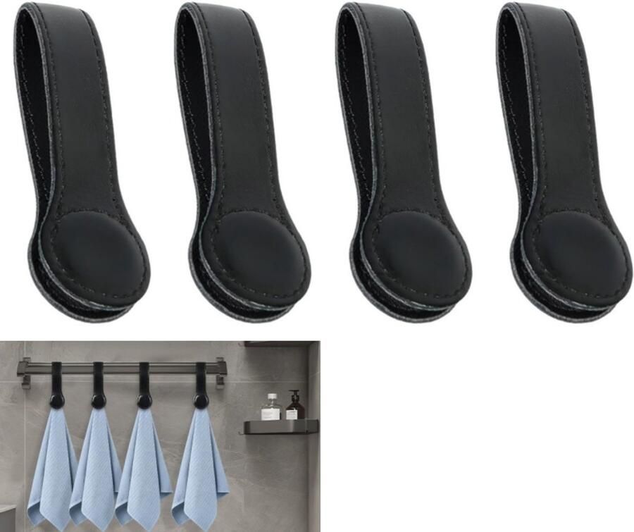 4 stuks Keukenhanddoekhouder van PU-leer Magnetische theedoekhouder Handdoekenrek met magneet Voor stangen en rekken Badkameraccessoires Zwart Geschikt voor droogrekken kledingrekken keuken en badkamer