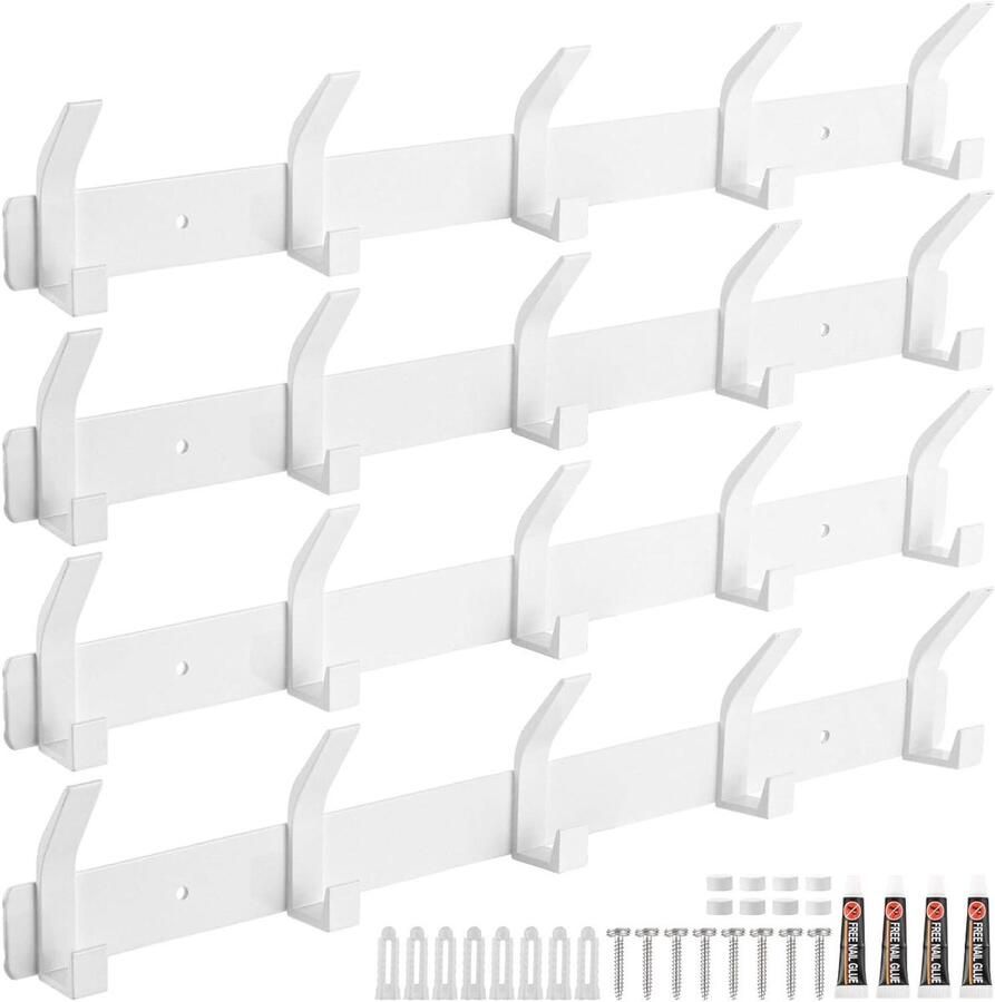 Allecto Plus 4 stuks Witte Kledinghaken voor Kledingkast Keuken Slaapkamer Badkamer met 5 Haken. Stevige Aluminium Legering Hooks