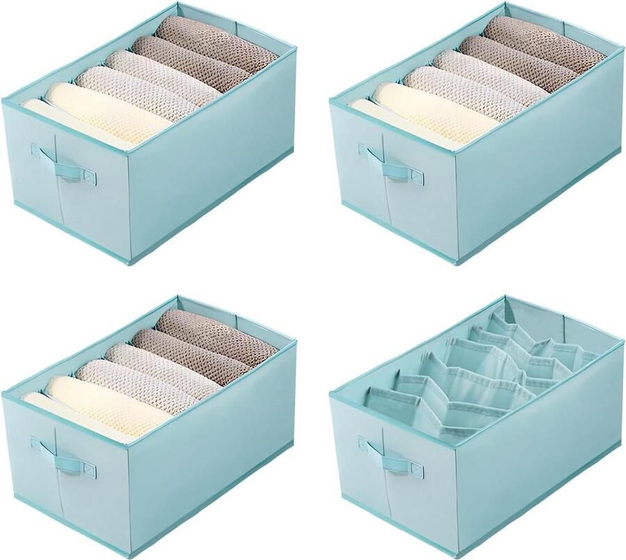 4 stuks kledingkast-organizer 7 rasters lichtblauw opbergsysteem kledingkast met PP-scheidingswanden stoffen lade-organizer kleding voor het opbergen van kleding broeken ondergoed