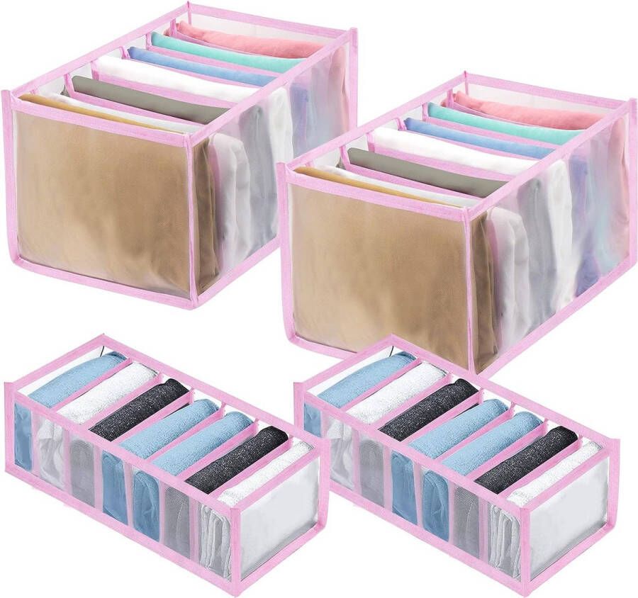 4 stuks kledingkast organizer bevat 2 stuks grote jeansvakken opbergdoos en 2 stuks beha-organizer kledingopslag van mesh voor ondergoed sokken en jeans (roze)