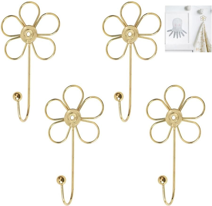 4 stuks Kledingwinkel ijzeren bloemenhaak muur creatieve kapstokhaak gordijnijzeren haak muurhaak om kleding op te hangen gouden bloemen enkele haak creatieve muurhaak kan sjaals handdoeken sleutels tassen en hoeden ophangen