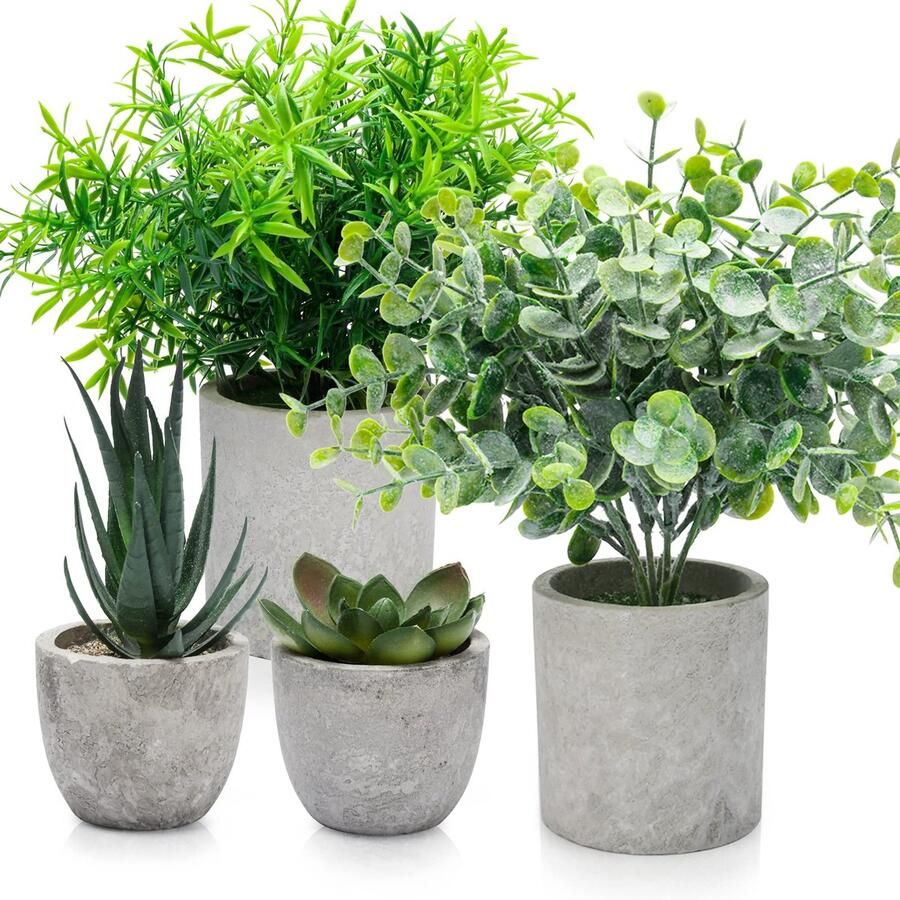4 stuks kunstplanten in potten kleine kunstplanten eucalyptus vetplanten rozemarijn plastic planten zoals echte mini nepplanten voor badkamer woonkamer vensterbank bureau binnendecoratie
