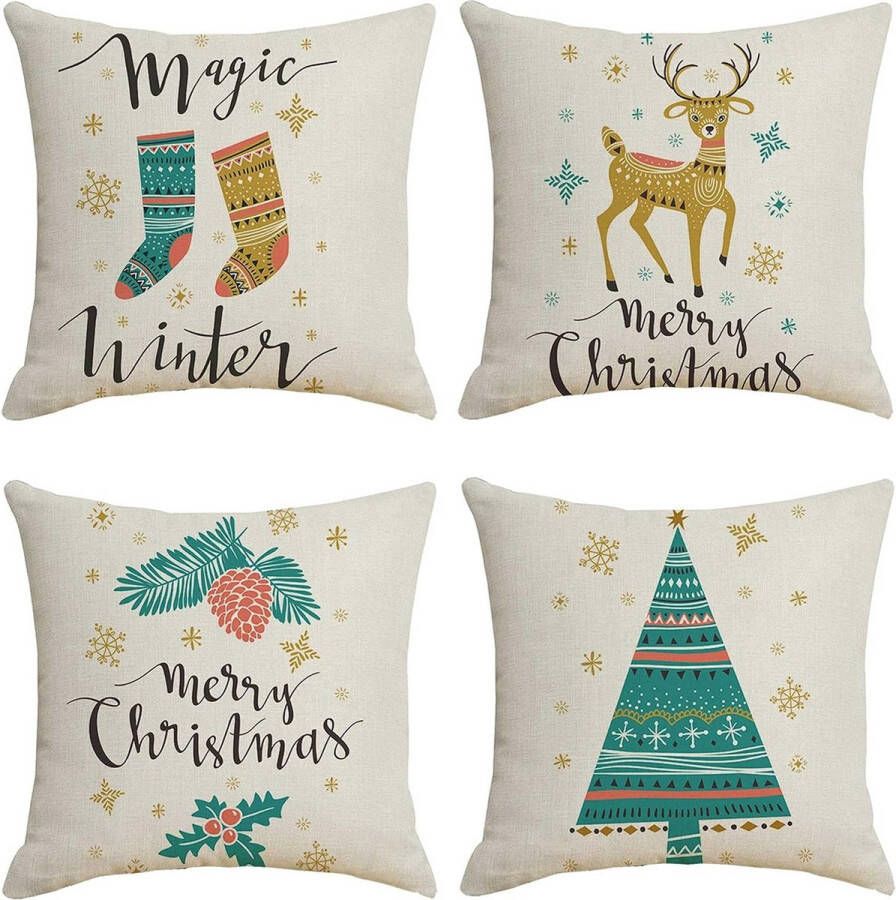 4 stuks kussensloop Kerstmis kussensloop Vrolijk Kerstmis winter linnen decoratief kussen kerstboom sneeuwvlok rendier patroon kussenhoes voor bank auto slaapkamer Kerstmis decor