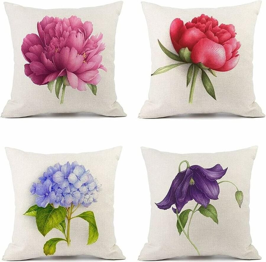 4 Stuks Kussensloop linnen kussenhoezen met buitenbloemmotief voor slaapkamer woonkamer bank balkon tuin 45 x 45 cm（Bevat geen voering）