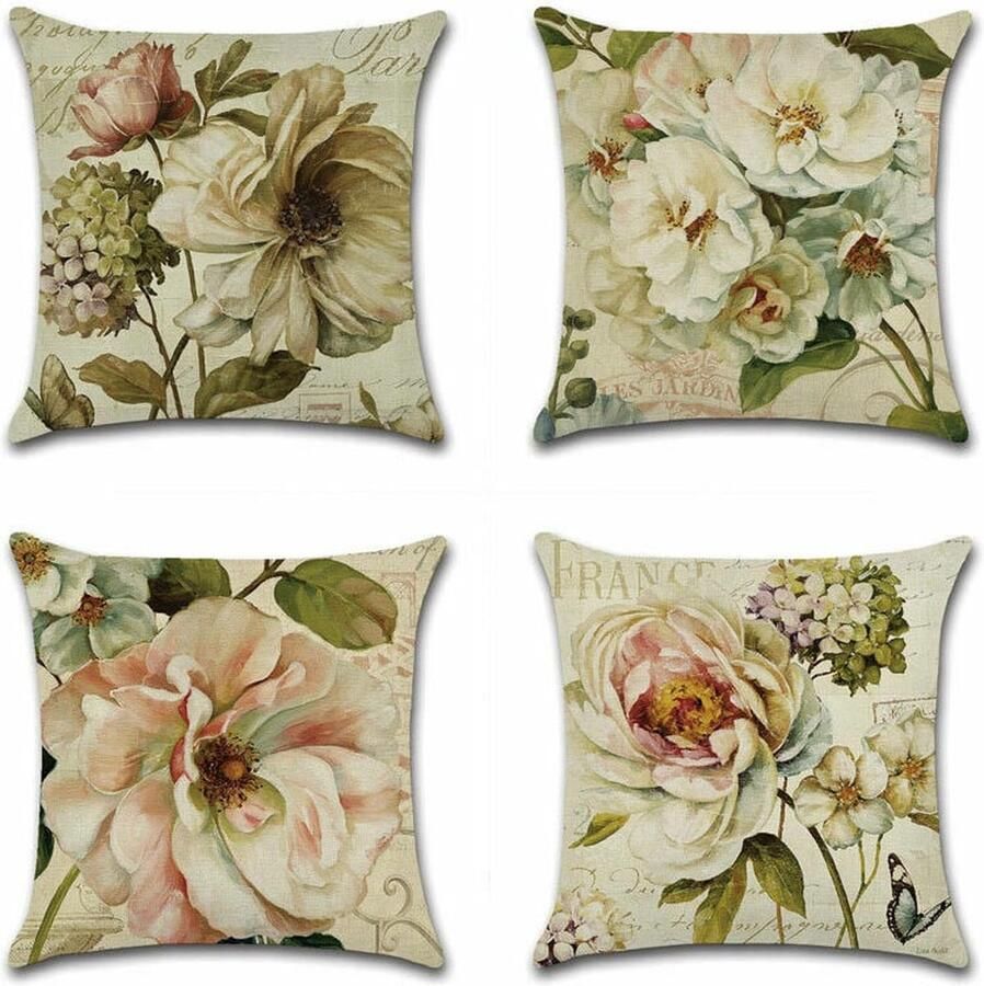4 Stuks Kussensloop Outdoor kussenhoes waterdichte decoratieve bloemenkussensloop 45x45 cm voor patiotuin woonkamer bank balkon tuin （Bevat geen voering）