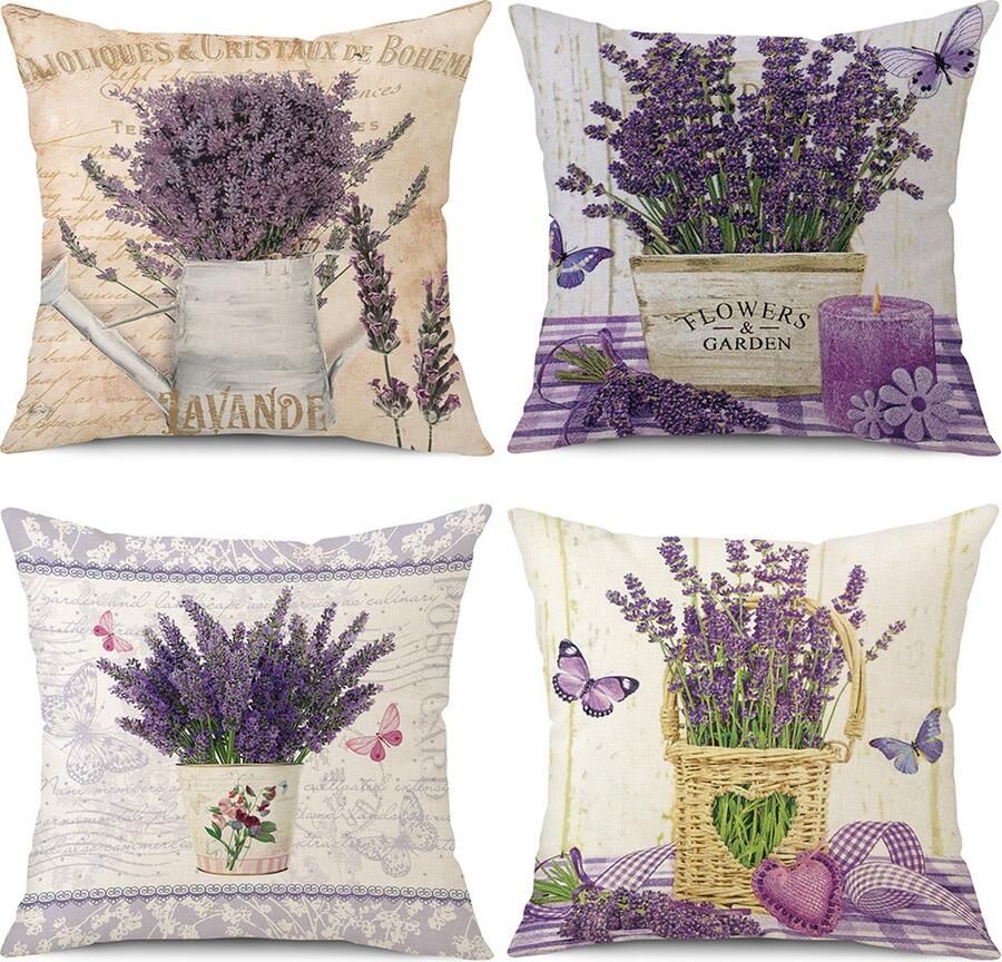 4 stuks kussenslopen Cushionhoes bloem decoratieve Lavendel retro voor Bank Slaapkamer Woonkamer Auto Huisdecoratie vlas 45*45cm Paars