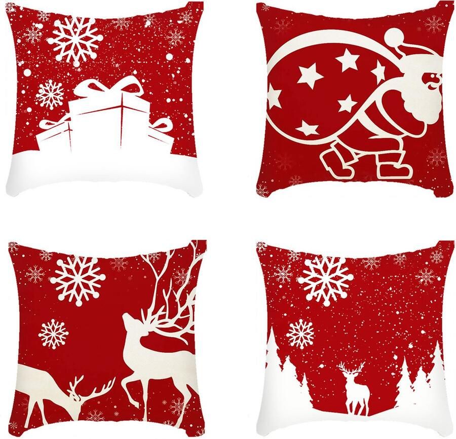 4 Stuks Kussenslopen Kerst Kussenslopen Bank Kussenslopen Kerstdecoraties Katoenen en Linnen Kussens Vierkant Kussenhoezen Geschikt voor Banken Bedden en Auto's 45cm x 45cm Rood