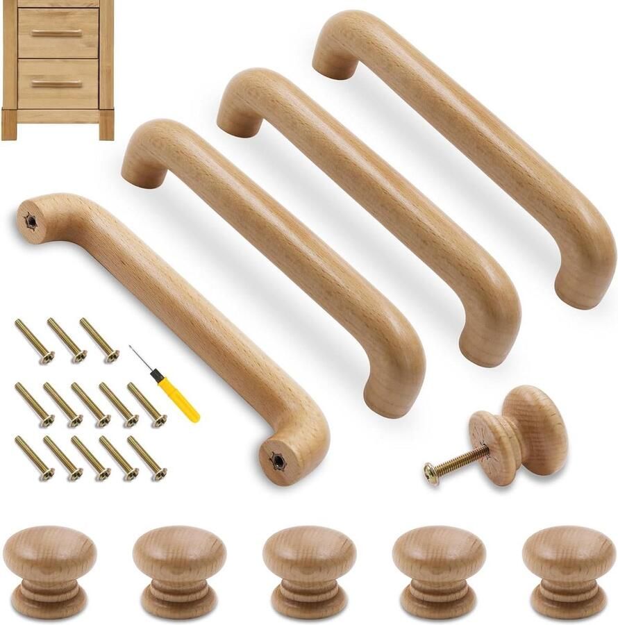 4 stuks lang houten handvat kastgrepen houten meubelknoppen inclusief schroeven
