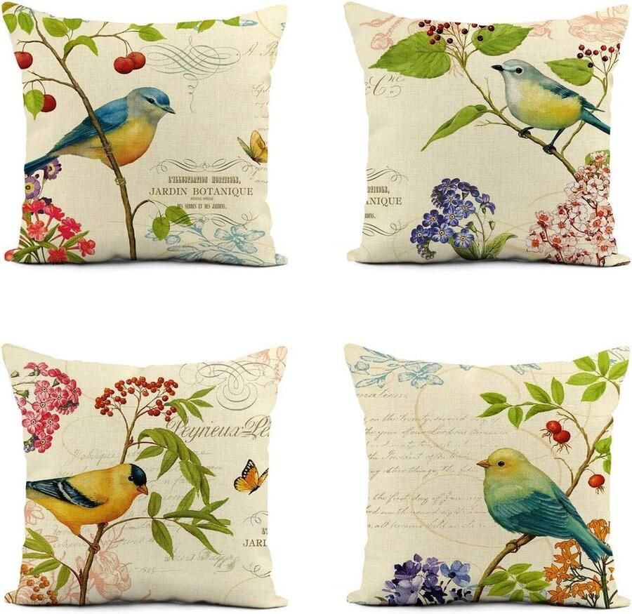 4 stuks linnen kussenslopen 45x45 cm vintage aquarel vogels bloemen groene planten home decor vierkante kussenhoes voor bank