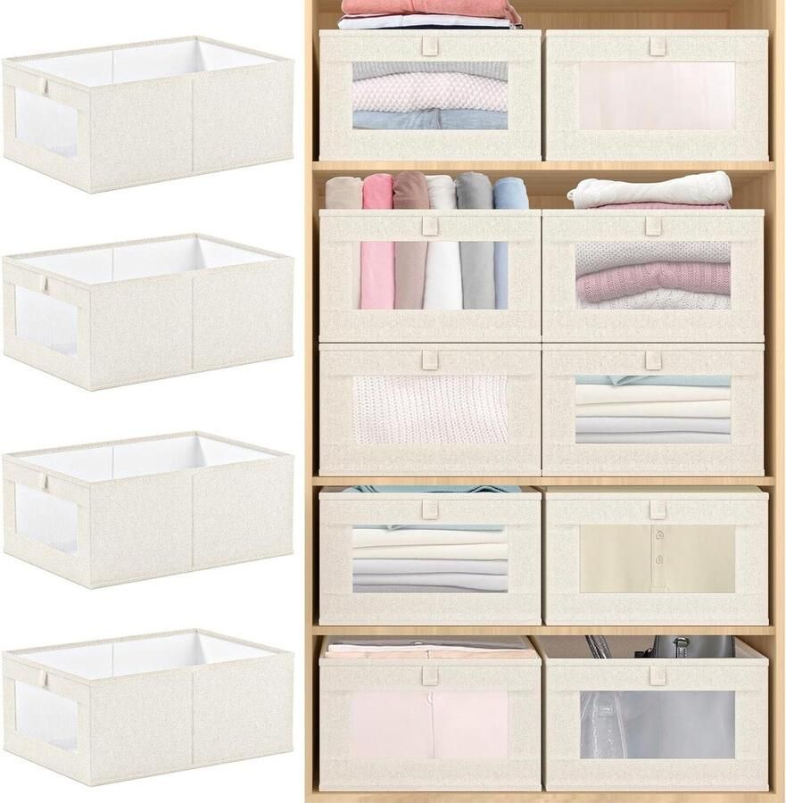4-pack linnenkastorganizers en opbergmanden grote opbergbakken met doorzichtig venster voor het organiseren van kleding jeans speelgoed boeken planken kast kledingkast