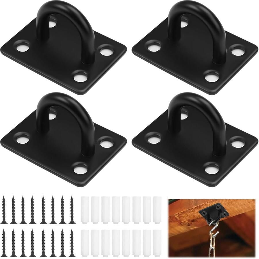 4 stuks M6 oogplaat met oogje roestvrij stalen afdekplaat wandogen oogplaat wandhaken ooghouder met schroeven zwart 40 x 45 mm voor touwen hangmatten gymnastiekringen bevestigingsmateriaal