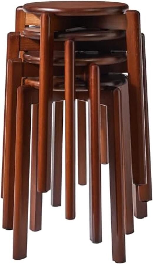 4 stuks massief houten ronde kruk stapelbare kruk voor gebruik in meerdere kamers 27x27x45cm bruin