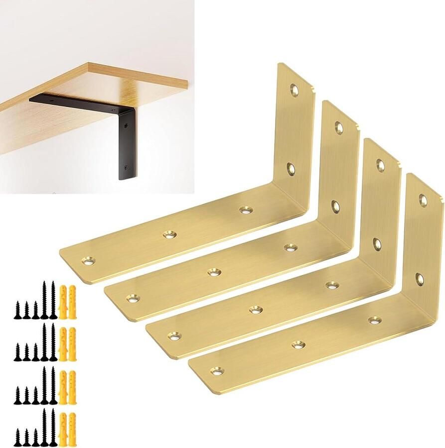 4 stuks metalen L-beugels 15 cm 90 graden voor wandplanken en houten meubels goudkleurig