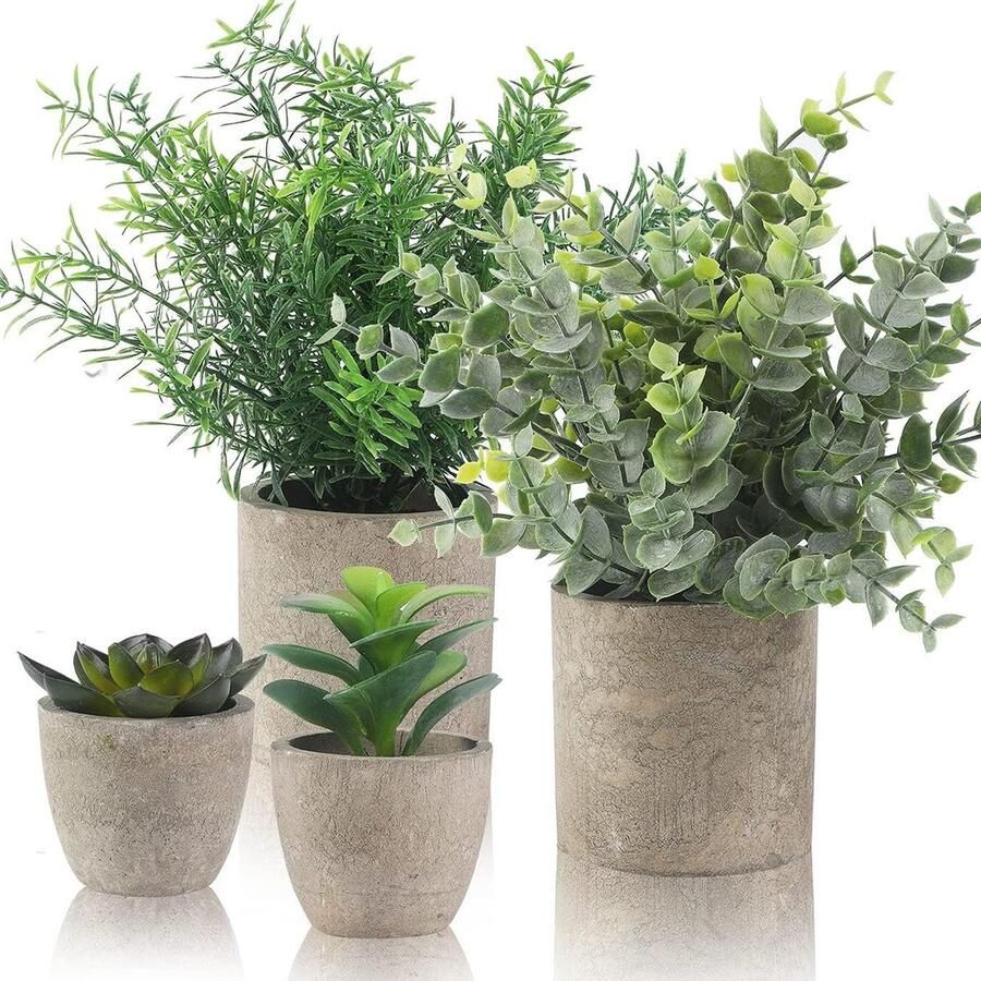 4 stuks kunstplanten mini-kunstplant eucalyptus rozemarijn vetplanten met pot voor bureau keuken badkamer tuindecoratie nep planten