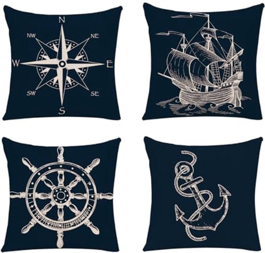 4 Stuks Nautische Kussenovertrekken voor Bank en Auto Maritiem Motief Kussenhoezen