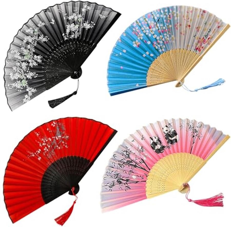 4 Stuks Opvouwbare Bamboe Waaiers voor Wanddecoratie en Geschenken