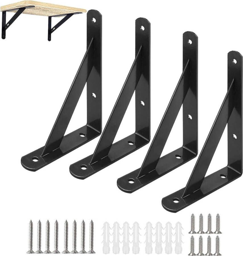 4 stuks plankhoek zwart metaal 150 mm plankdrager met schroeven hoek plankhouder 90 graden console voor zware lasten plankhouder voor wandmontage boekenplanken tuin keuken badkamer (draagkracht: 30 kg)