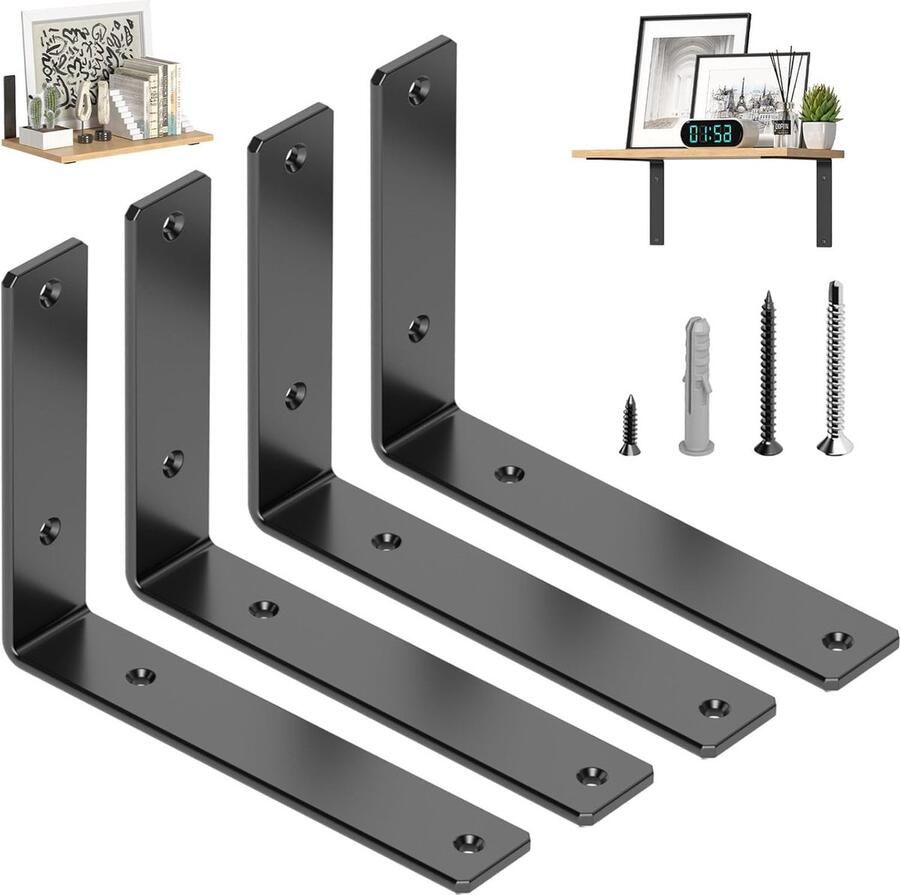 4 stuks plankhouders 200 x 150 mm zware belasting L-plankhoek 5 4 mm verdikt 90 graden heavy duty hoek voor wandmontage draagkracht 80 kg zwart